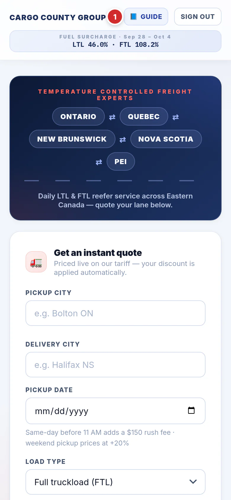 The portal on a phone: the header with the GUIDE and SIGN OUT buttons, the fuel surcharge box and the quote form